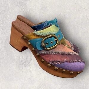 Kurt Geiger Mayfair denim rainbow clogs